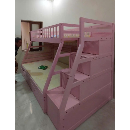 EU192 - Pink : Giường 2 Tầng, 2 Hộc Kéo + Cầu Thang Đảo Chiều, Giá Sách - Trên 1m / Dưới 1m4